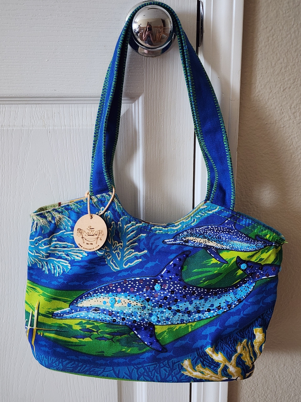 Guy Harvey Dolphin Sequin Beaded Cotton Canvas Tote Bag Blue Green